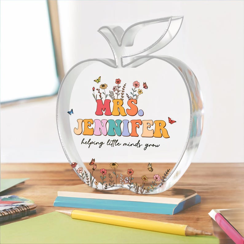 Customized Teacher Acrylic Block Desk Sign, Teacher Desk Name Plate, Teacher Appreciation, Helping Little Minds Grow Acrylic Teacher Block