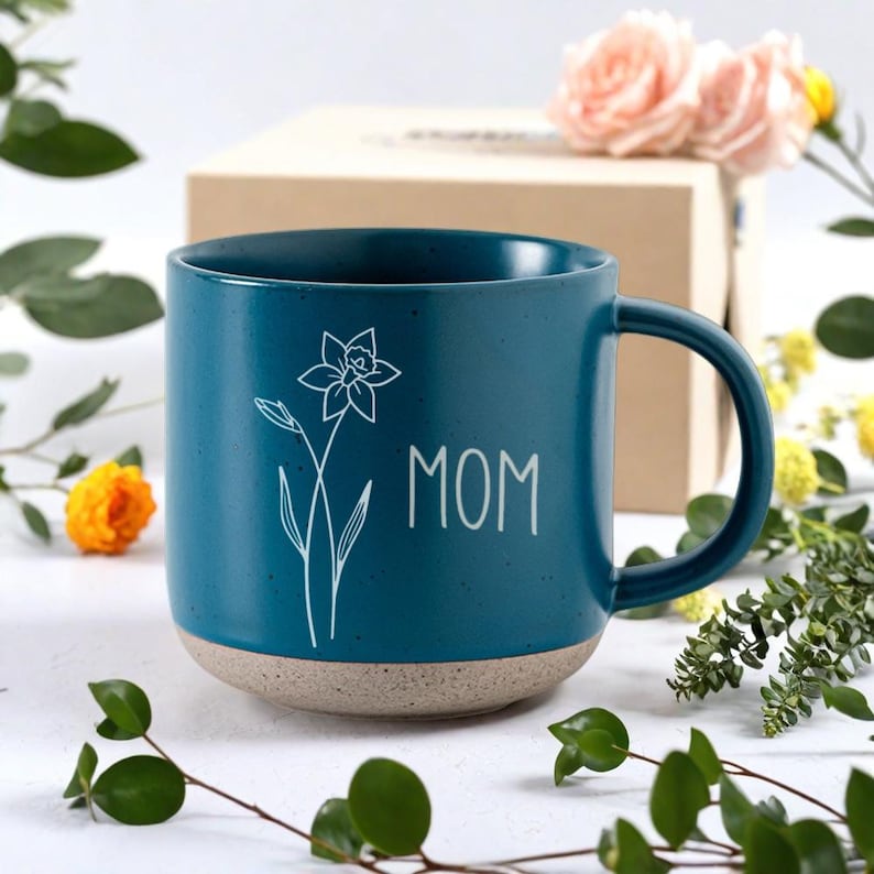 Engraved Birth Flower Coffee Mug: Personalized Pottery Gift