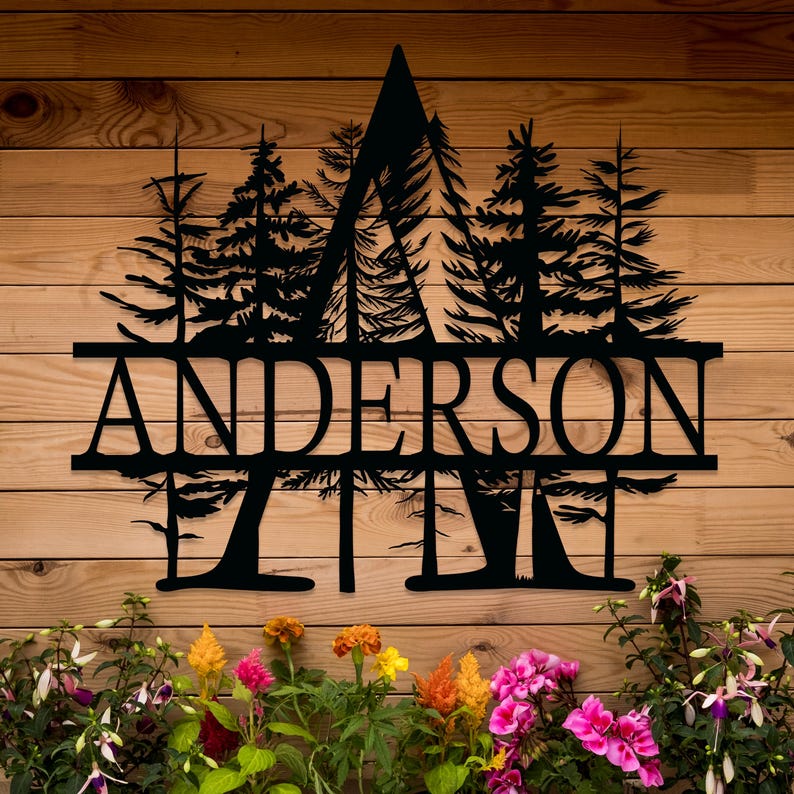 Custom Pine Tree Design Monogram Metal Sign, Family Name Sign, Forest Style Monogram, Last Name Decor, Personalized Wedding Anniversary Gift