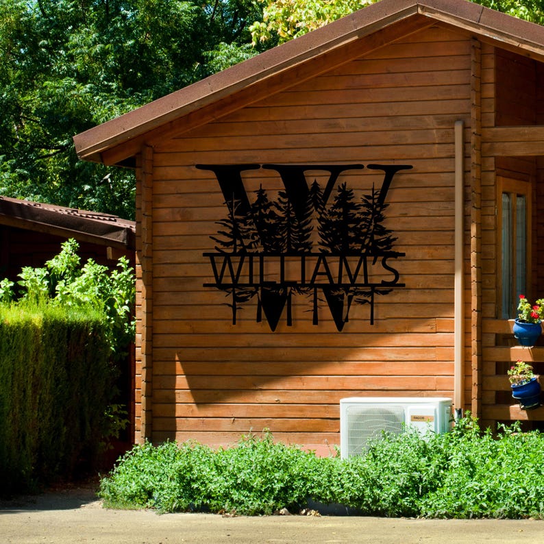 Custom Pine Tree Design Monogram Metal Sign, Family Name Sign, Forest Style Monogram, Last Name Decor, Personalized Wedding Anniversary Gift