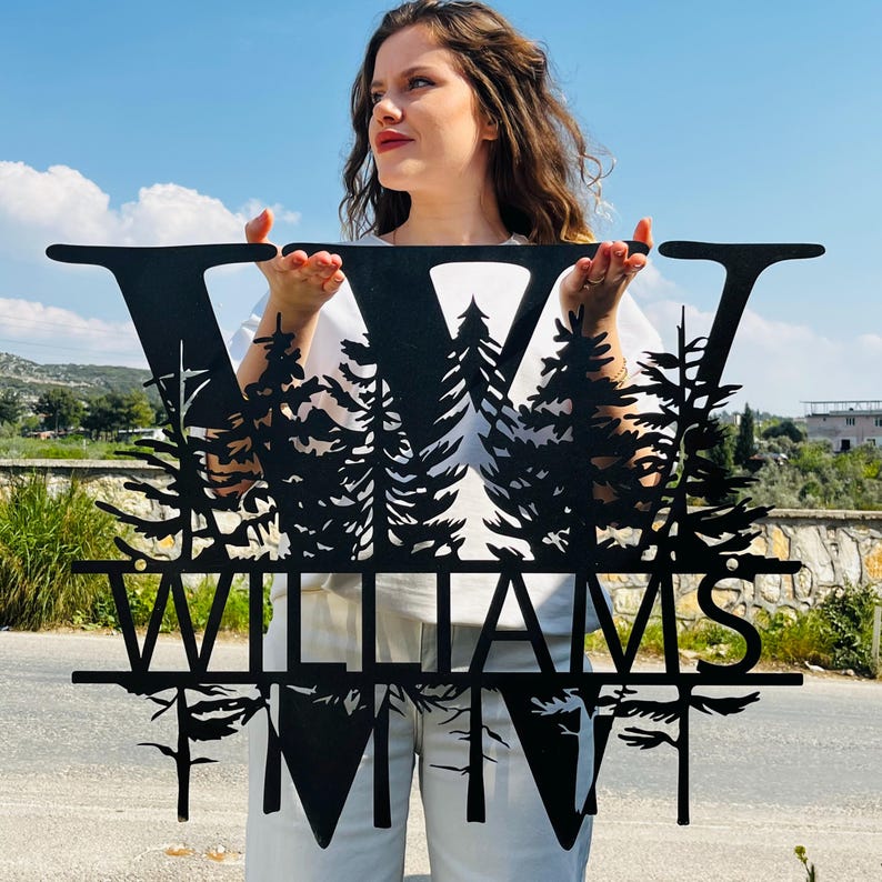 Custom Pine Tree Design Monogram Metal Sign, Family Name Sign, Forest Style Monogram, Last Name Decor, Personalized Wedding Anniversary Gift