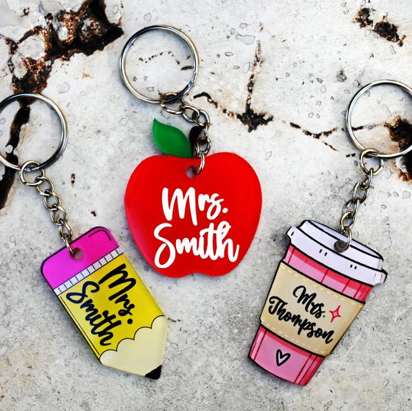 Custom Teacher Keychain, Pencil, Apple, Rainbow, Coffee Shapes, Cute Teacher Appreciation Gift, Personalized Teacher Graduation Gift