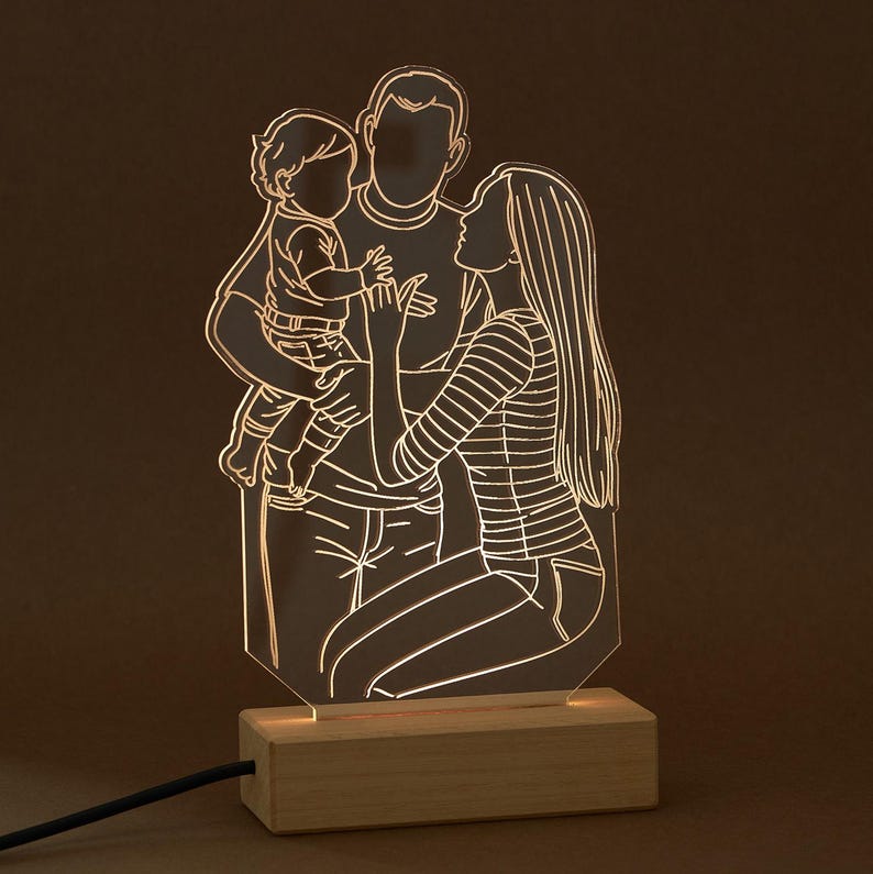 Custom 3D Photo LED Light, Out Line Decor, Personalized Family Portrait, Durable Acrylic Night Light, Anniversary Gifts for Mom Dad
