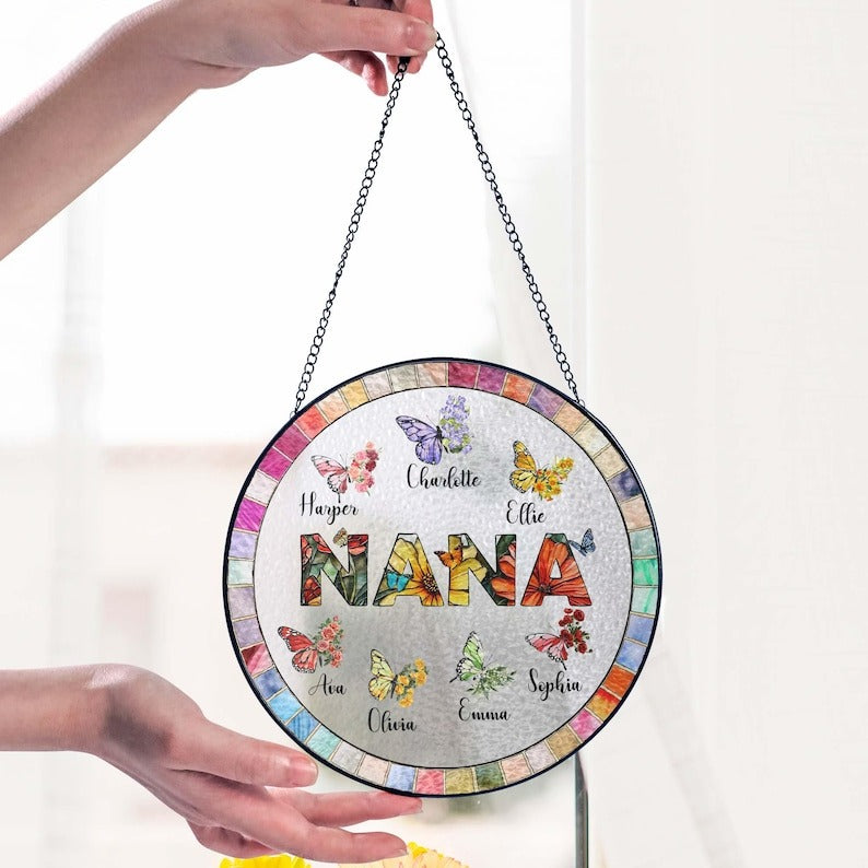 Personalized Nana Glass Suncatcher, Christmas Gift for Grandma, Custom Butterfly & Birth Month Flower with Grandkids Names