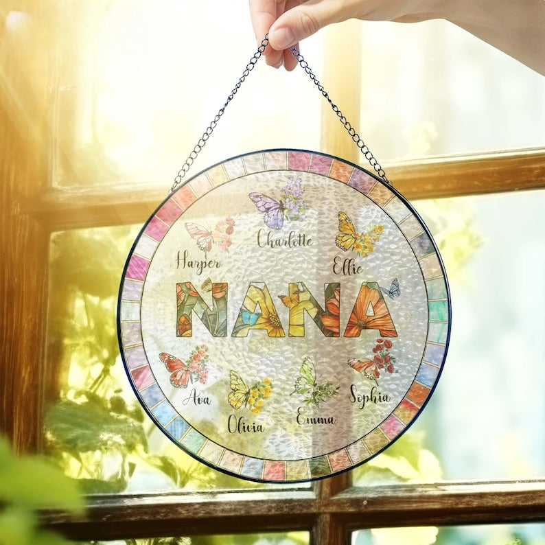 Personalized Nana Glass Suncatcher, Christmas Gift for Grandma, Custom Butterfly & Birth Month Flower with Grandkids Names