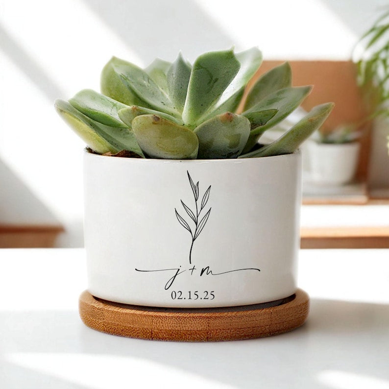 Personalized Engagement Ceramic Plant Pot, Custom Newly Engaged Plant Pot, Engagement Gifts, Wedding Gifts for Couple, Bridal Shower Gifts