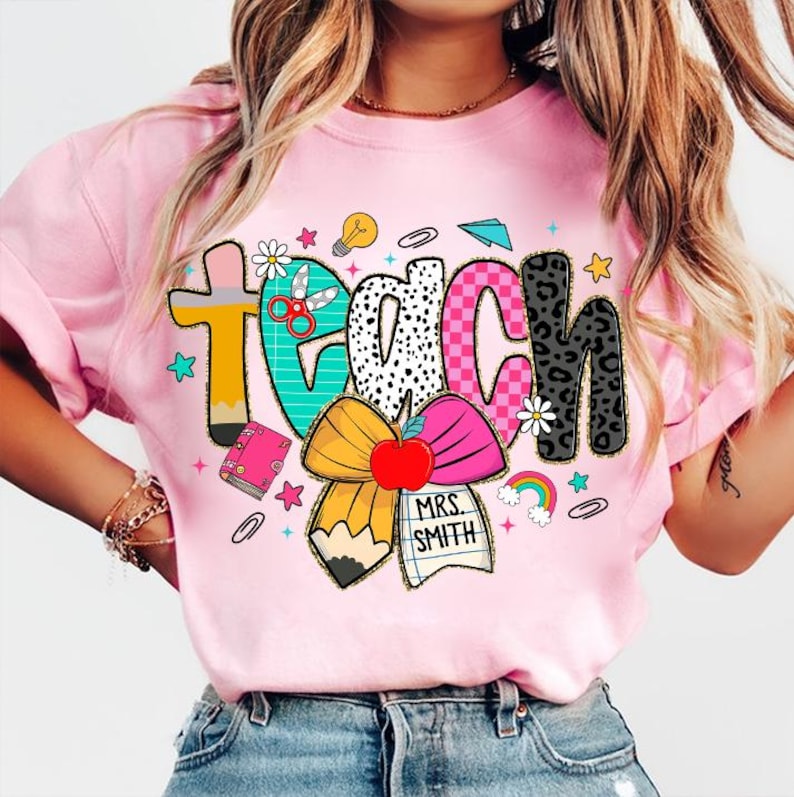Preppy Teacher Pencil Coquette Bow Doodle Shirt, Custom Teacher Name T-Shirt, Preppy Teach Love Inspire Shirt, Leopard