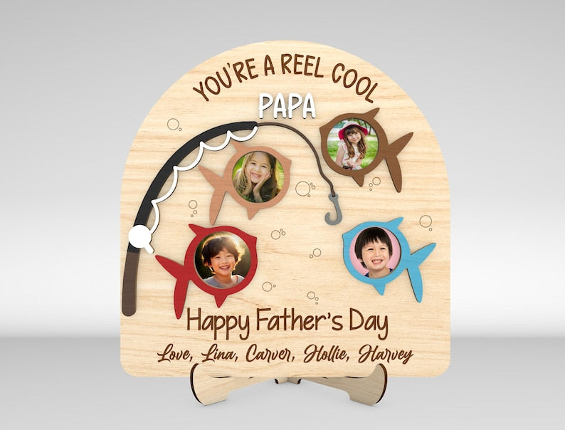 Personalized Fathers Day Fishing Photo Frame, Reel cool dad Photo Wood Sign, Fishing dad Gift