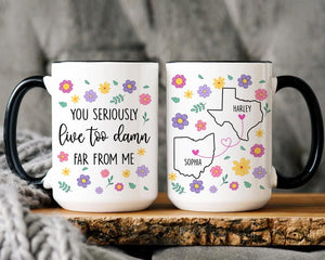 Long Distance Friend Mug, You Seriously Live Too Damn Far From Me, Custom State To State Mug, Best Friends Gifts, Birthday Gift, Bff Gift