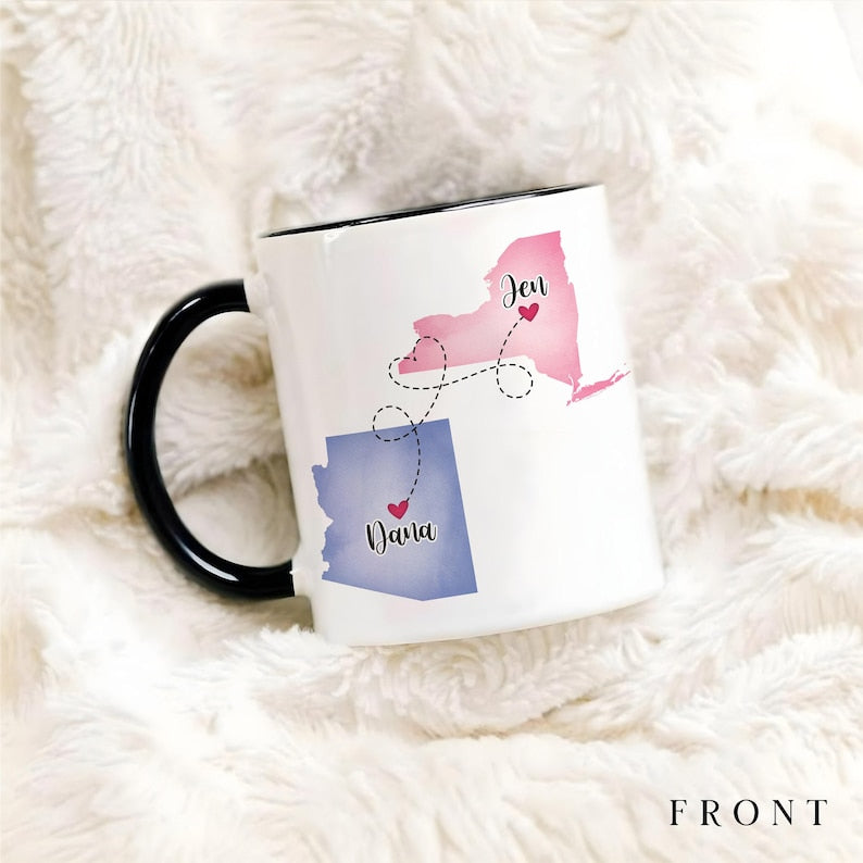 Custom Coffee Mug | Friendship Knows No Distance | Personalized Long Distance State To State Gift