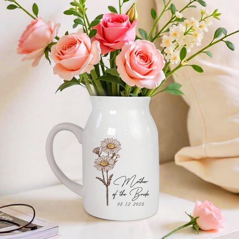 Personalized Wedding Gift For Mother Of The Bride & Groom,Mother's Day Gift For Mom,Birth Month Flower Vase,Mother of the Bride Ceramic Vase