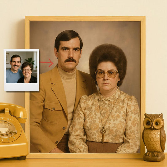 Funny Retro Couple Portrait from Photo in 1970s Style, Personalized Vintage Artwork, Custom Framed Wall Art Gift with Kitsch Humor