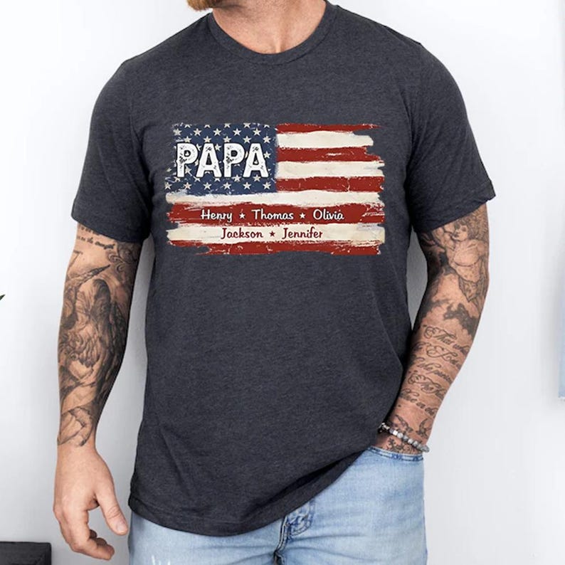 Personalized Papa Shirt With Grandkids Name Flag Shirt, 4th Of July Shirt, USA Flag Shirt, New Grandpa Shirt, Gift For Father's Day