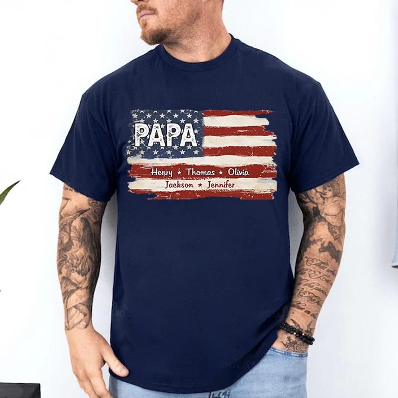 Personalized Papa Shirt With Grandkids Name Flag Shirt, 4th Of July Shirt, USA Flag Shirt, New Grandpa Shirt, Gift For Father's Day