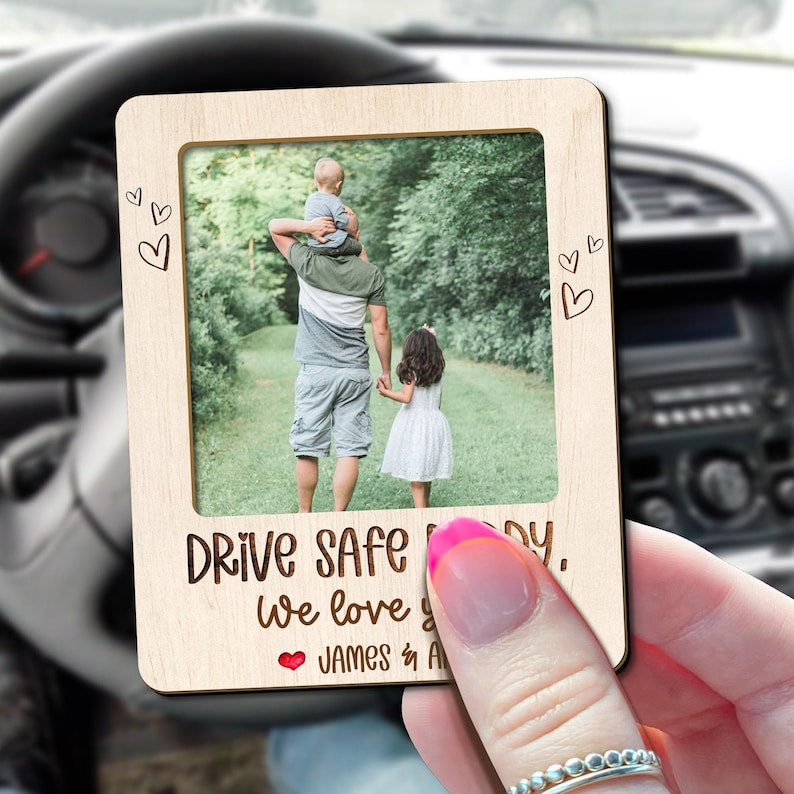 FREE CUSTOM PHOTO Father Day Car Visor Clip, Personalized Car Accessories, Drive Safe Daddy, Gift for Grandpa, Sun Visor Picture Frame