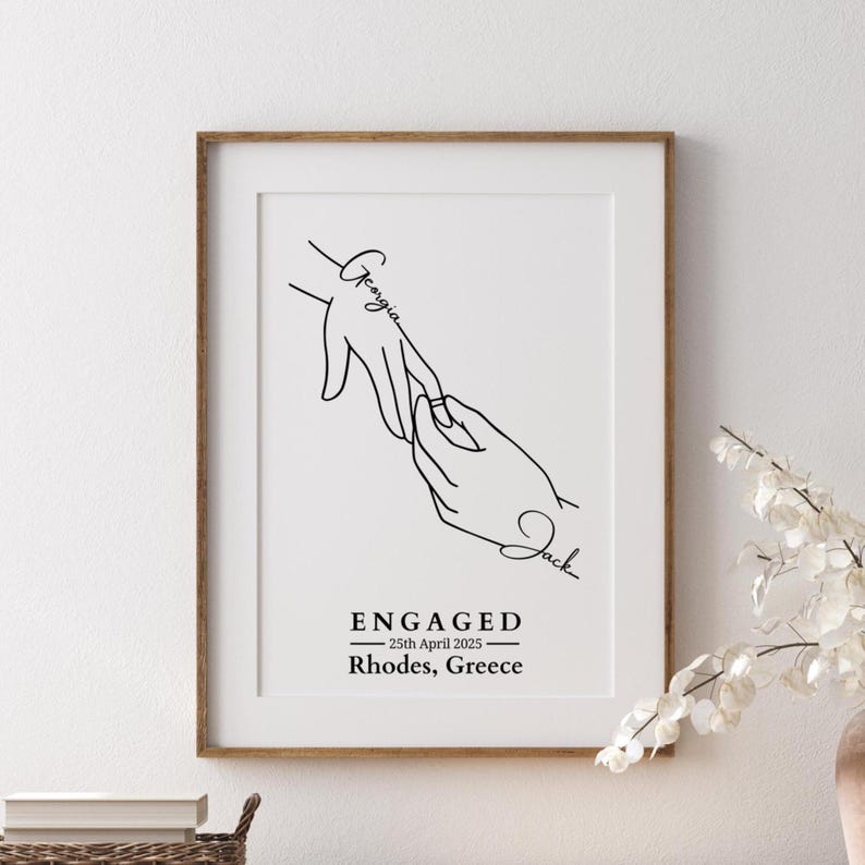 Personalised Engagement Hands Line Art Print, Custom Couple Gift, Engaged Keepsake Frame (No Frame)