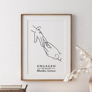 Personalised Engagement Hands Line Art Print, Custom Couple Gift, Engaged Keepsake Frame (No Frame)