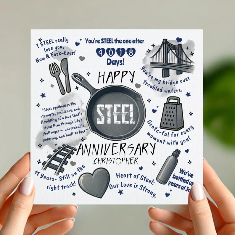Steel Anniversary Card 11th Wedding Anniversary Funny Pun Card for Him or Her Heart of Steel Design Personalised Gift