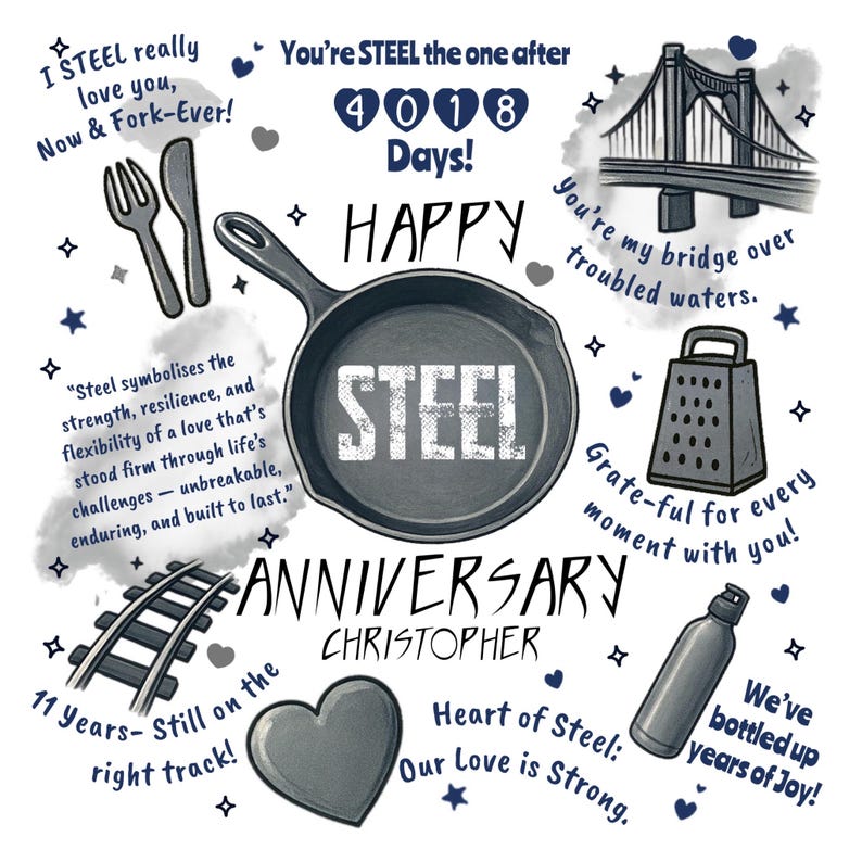 Steel Anniversary Card 11th Wedding Anniversary Funny Pun Card for Him or Her Heart of Steel Design Personalised Gift