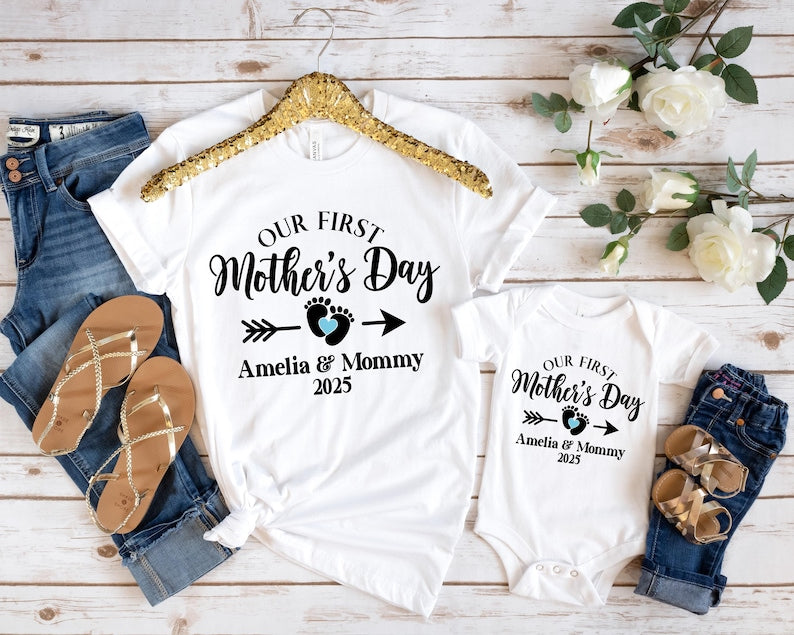 Personalized Matching Our First Mothers Day Shirt, 1st Mother Day Tee and Baby Bodysuit, Custom Mothers Day Gift, Couple New Mom