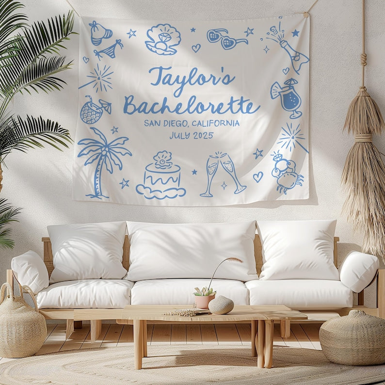 Custom Bachelorette Banner, Personalized Bachelorette Party Tapestry, Beach Bachelorette Photo Backdrop, Coastal Bachelorette Party Decor