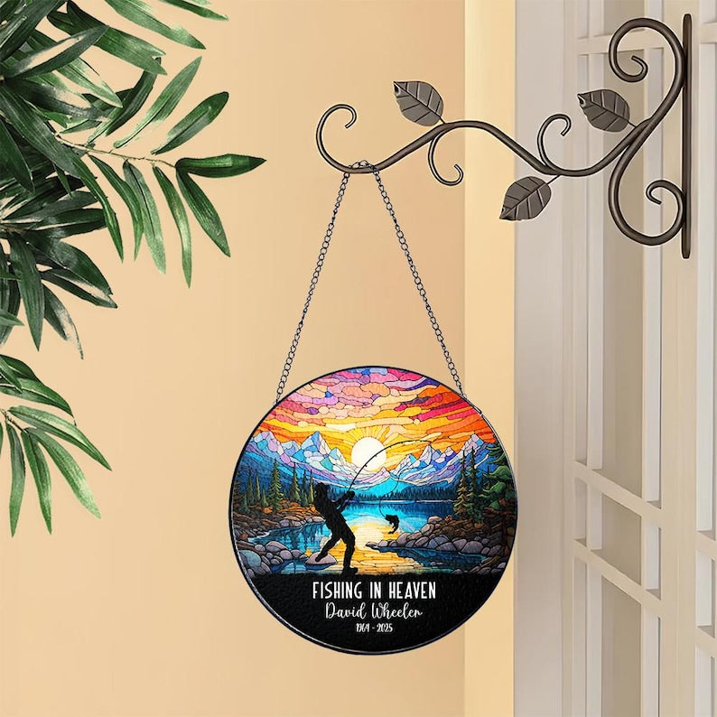 Personalized Fishing Memorial Suncatcher, Dad Fishing in Heaven Ornament, Loss Of Dad Grandpa, Loss Father Day, Remembrance Gift