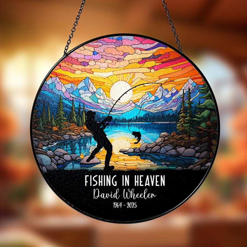 Personalized Fishing Memorial Suncatcher, Dad Fishing in Heaven Ornament, Loss Of Dad Grandpa, Loss Father Day, Remembrance Gift