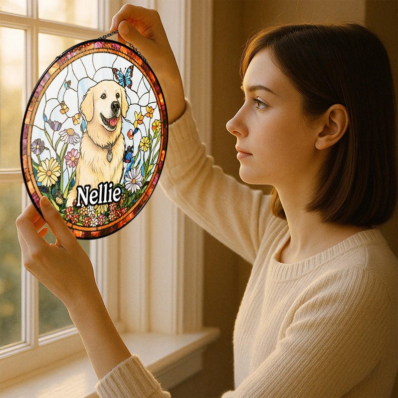 Custom Pet Portrait Stained Glass Suncatcher, Stained Glass Dog Memorial, Custom Dog Portrait from Photo, Pet Memorial Gift, Window hangings
