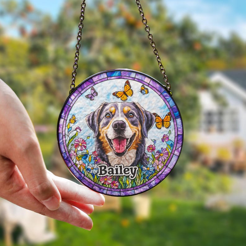 Custom Pet Portrait Stained Glass Suncatcher, Stained Glass Dog Memorial, Custom Dog Portrait from Photo, Pet Memorial Gift, Window hangings