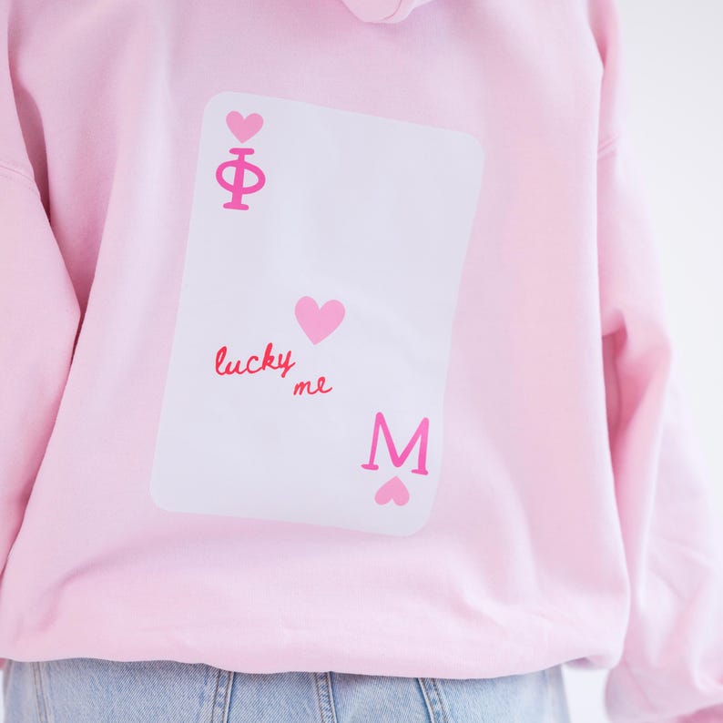 Lucky Me Queen of Hearts Sorority Greek Letter Printed Gildan Hoodie Sweatshirt / Big Little Family Letter Hoodie Sweatshirts / College Gift