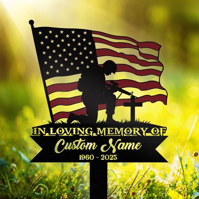 Personalized Kneeling Soldier Memorial Metal Stake, Army Memorial, Memorial Veteran, Sympathy Gift, Military Funeral Sign,Grave Marker Stake