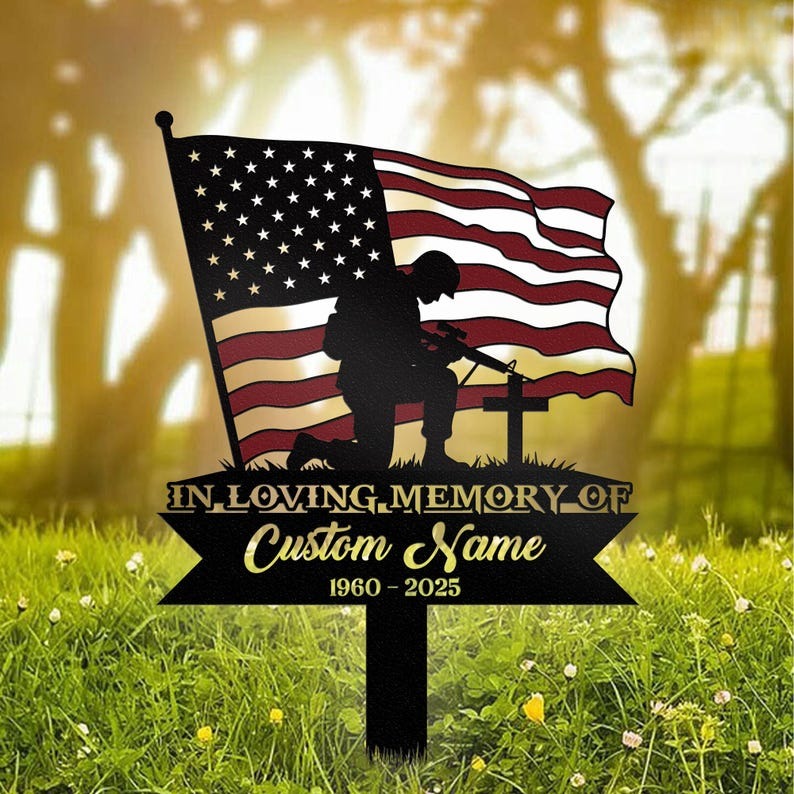 Personalized Kneeling Soldier Memorial Metal Stake, Army Memorial, Memorial Veteran, Sympathy Gift, Military Funeral Sign,Grave Marker Stake