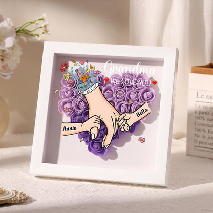 Personalised Rose Heart Shadow Box, Hand Holding Frame with Kids Names, Mothers Day Gift for Mummy,Nan,Nanna,Granny