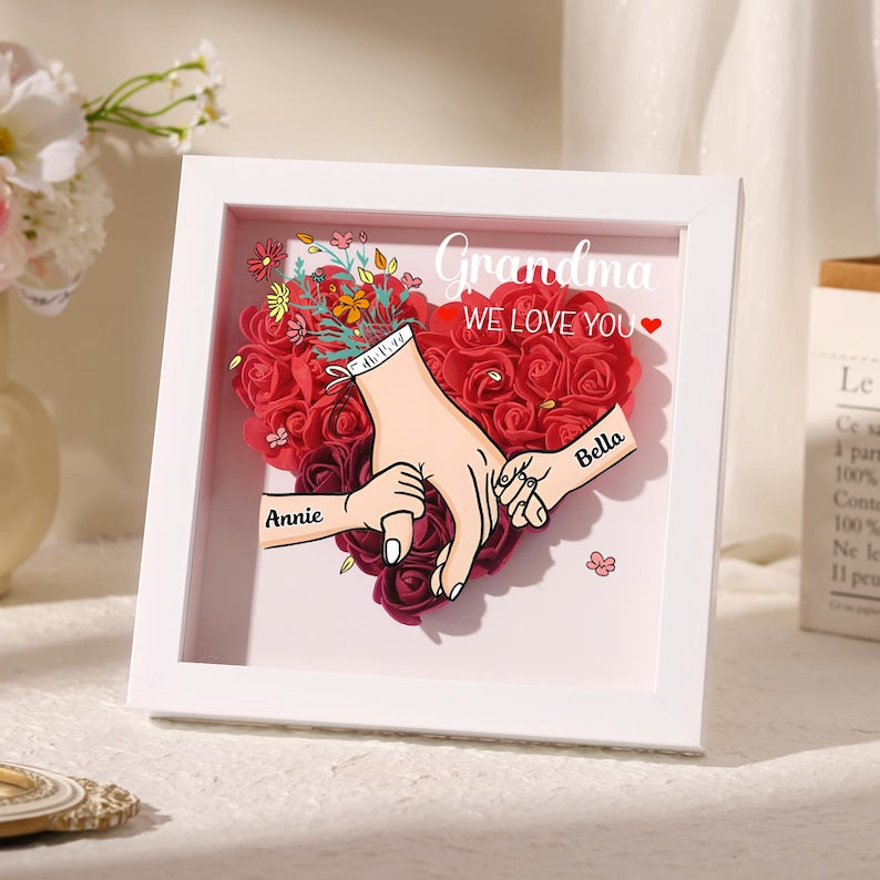 Personalized Holding Hands Flower Shadow Box, Mothers Day Gift for Mom, Rose Frame With Grandkids Names, Unique Gift for Grandma, Mommy Gift