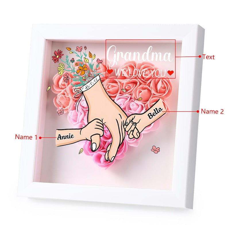 Personalized Holding Hands Flower Shadow Box, Mothers Day Gift for Mom, Rose Frame With Grandkids Names, Unique Gift for Grandma, Mommy Gift