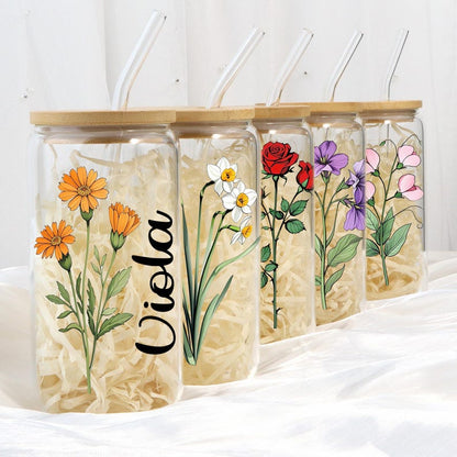 Custom Coffee Cup, Personalized Birthday Flower Glass, Glass With Straw, Birth Flower Tumbler, Bridesmaid Gift, Birthday Gift, Party Favor
