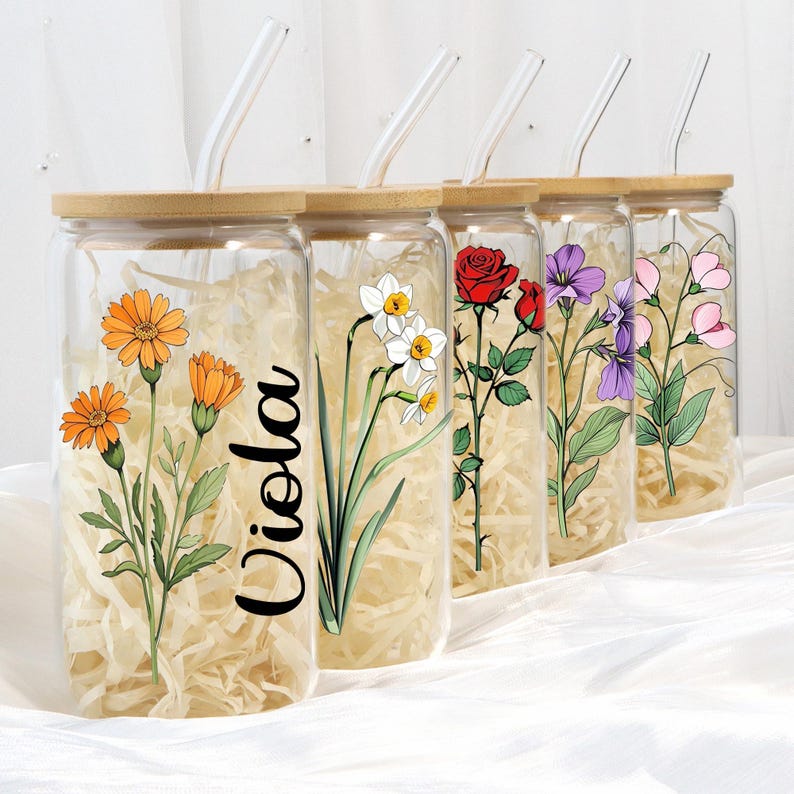 Custom Coffee Cup, Personalized Birthday Flower Glass, Glass With Straw, Birth Flower Tumbler, Bridesmaid Gift, Birthday Gift, Party Favor