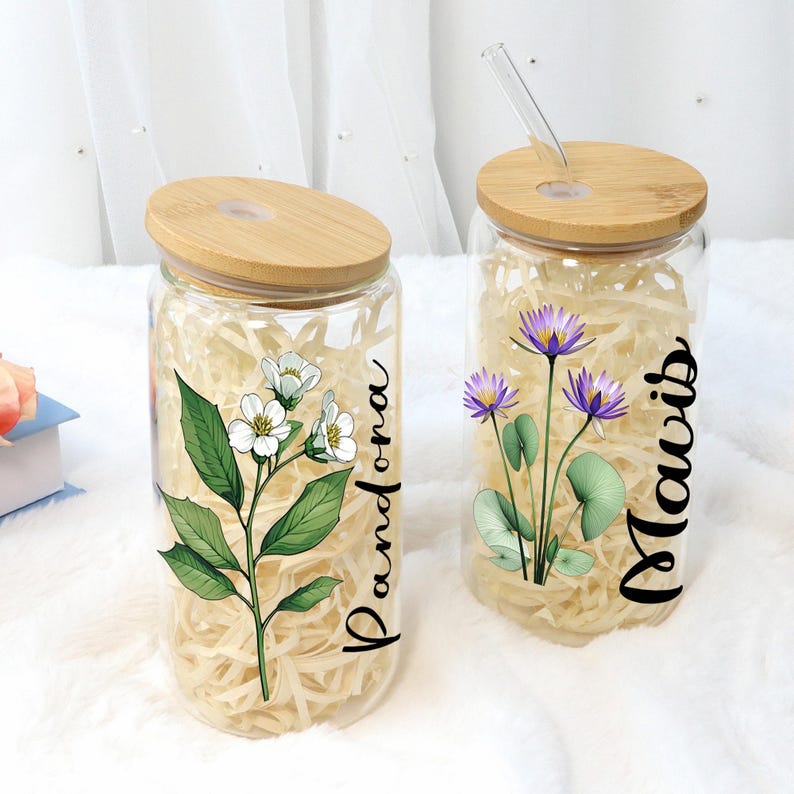 Custom Coffee Cup, Personalized Birthday Flower Glass, Glass With Straw, Birth Flower Tumbler, Bridesmaid Gift, Birthday Gift, Party Favor