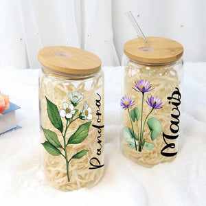 Custom Coffee Cup, Personalized Birthday Flower Glass, Glass With Straw, Birth Flower Tumbler, Bridesmaid Gift, Birthday Gift, Party Favor