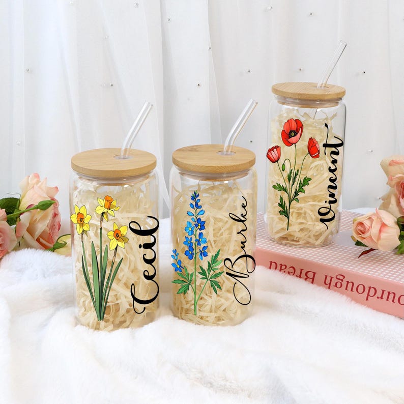 Custom Coffee Cup, Personalized Birthday Flower Glass, Glass With Straw, Birth Flower Tumbler, Bridesmaid Gift, Birthday Gift, Party Favor