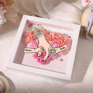 Personalised Rose Heart Shadow Box, Hand Holding Frame with Kids Names, Mothers Day Gift for Mummy,Nan,Nanna,Granny