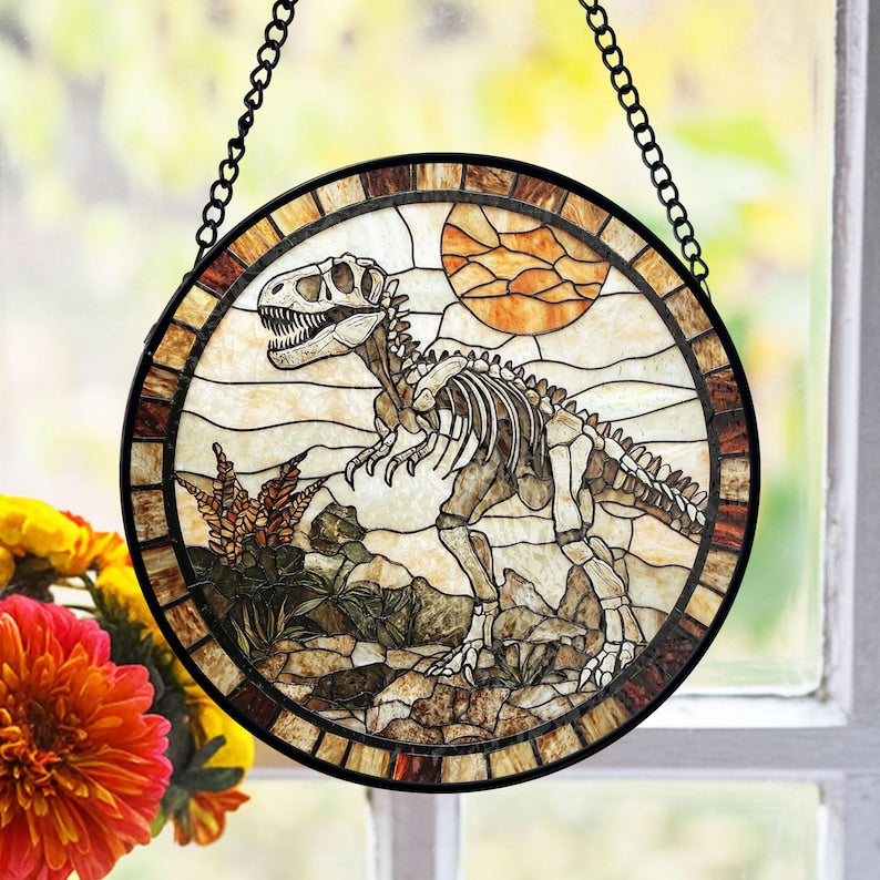 Dinosaur Skeleton Stained Glass Suncatcher, Prehistoric Window Decor, Fossil Theme Stained Glass , Paleontology Lover, Birthday Gift Idea