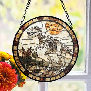 Dinosaur Skeleton Stained Glass Suncatcher, Prehistoric Window Decor, Fossil Theme Stained Glass , Paleontology Lover, Birthday Gift Idea