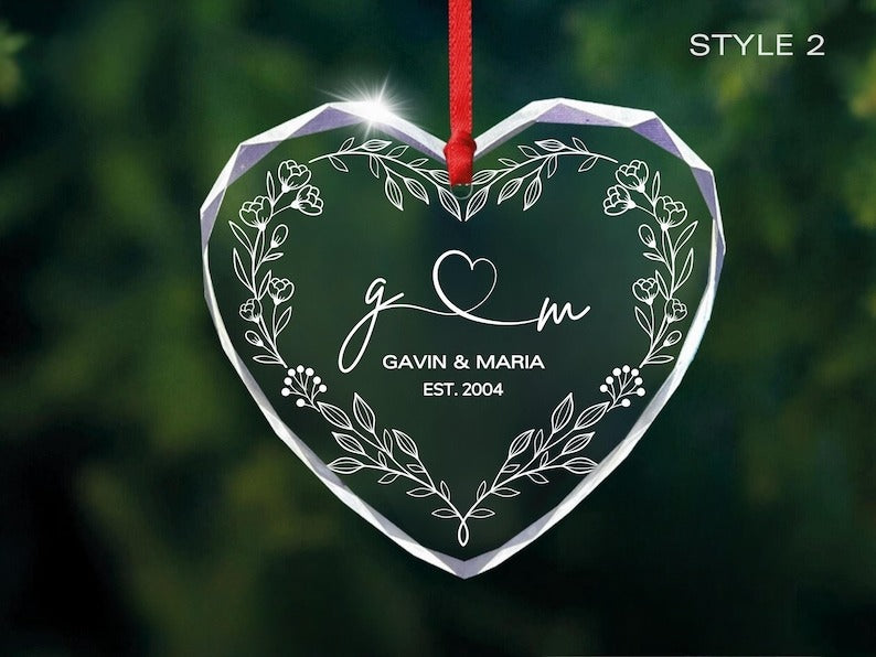 Personalized Heart Glass Ornament Wedding Anniversary Gift for Couple or Work Milestone Keepsake Custom Names and Date Floral Crystal