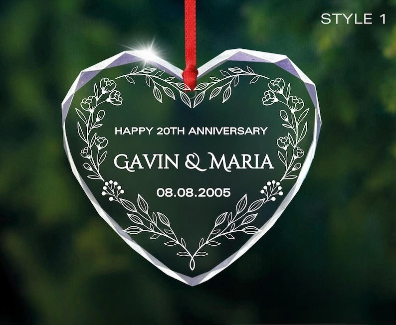 Personalized Heart Glass Ornament Wedding Anniversary Gift for Couple or Work Milestone Keepsake Custom Names and Date Floral Crystal