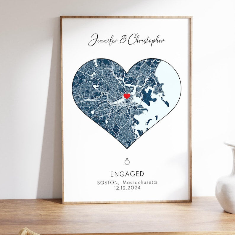 Engagement Print, Engagement Gift, Gift For Engaged Couple, Personalised Engagement Gift, Engagement Map Print Gift, Personalised Map Print