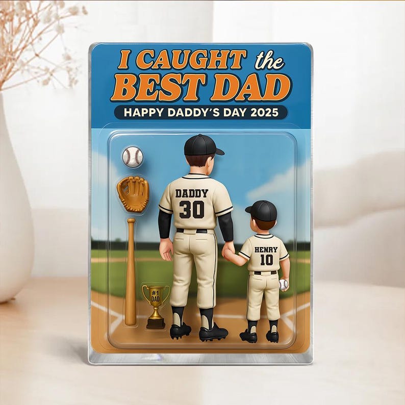 We Caught The Best Dad, Custom Figure Acrylic Block Plaque, Birthday, Father's Day Gift For Baseball Dad Grandpa Husband, Baseball Player
