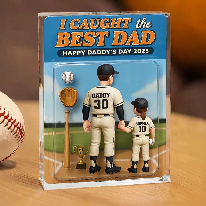 We Caught The Best Dad, Custom Figure Acrylic Block Plaque, Birthday, Father's Day Gift For Baseball Dad Grandpa Husband, Baseball Player