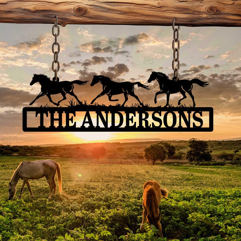 Personalized Horse Ranch Sign,Metal Horse Farm Sign, Outdoor Ranch Name Decor,Horse Farm Name Sign,Running Horses Metal Sign