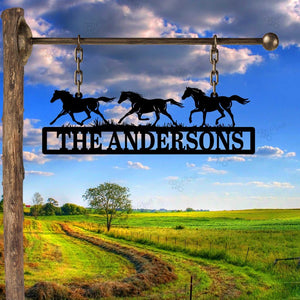 Personalized Horse Ranch Sign,Metal Horse Farm Sign, Outdoor Ranch Name Decor,Horse Farm Name Sign,Running Horses Metal Sign